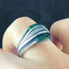 Green Emerald Stone 925 Solid Silver Men Ring