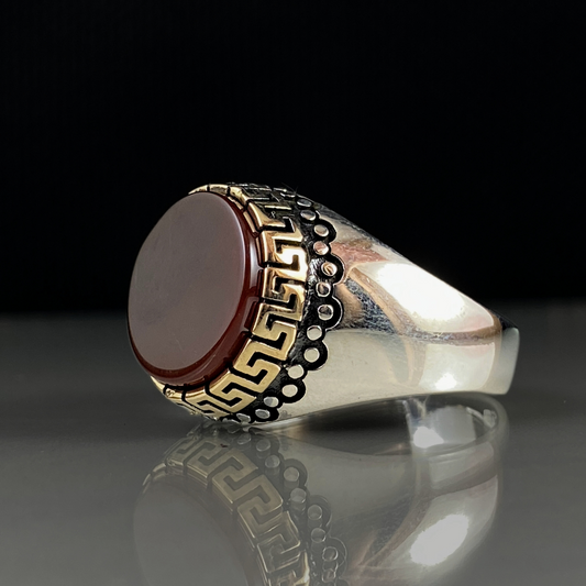 Round Red Agate Gemstone 925 Sterling Silver Men Ring