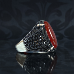 Agate Gemstone Red Color 925 Sterling Silver Men Handmade Ring