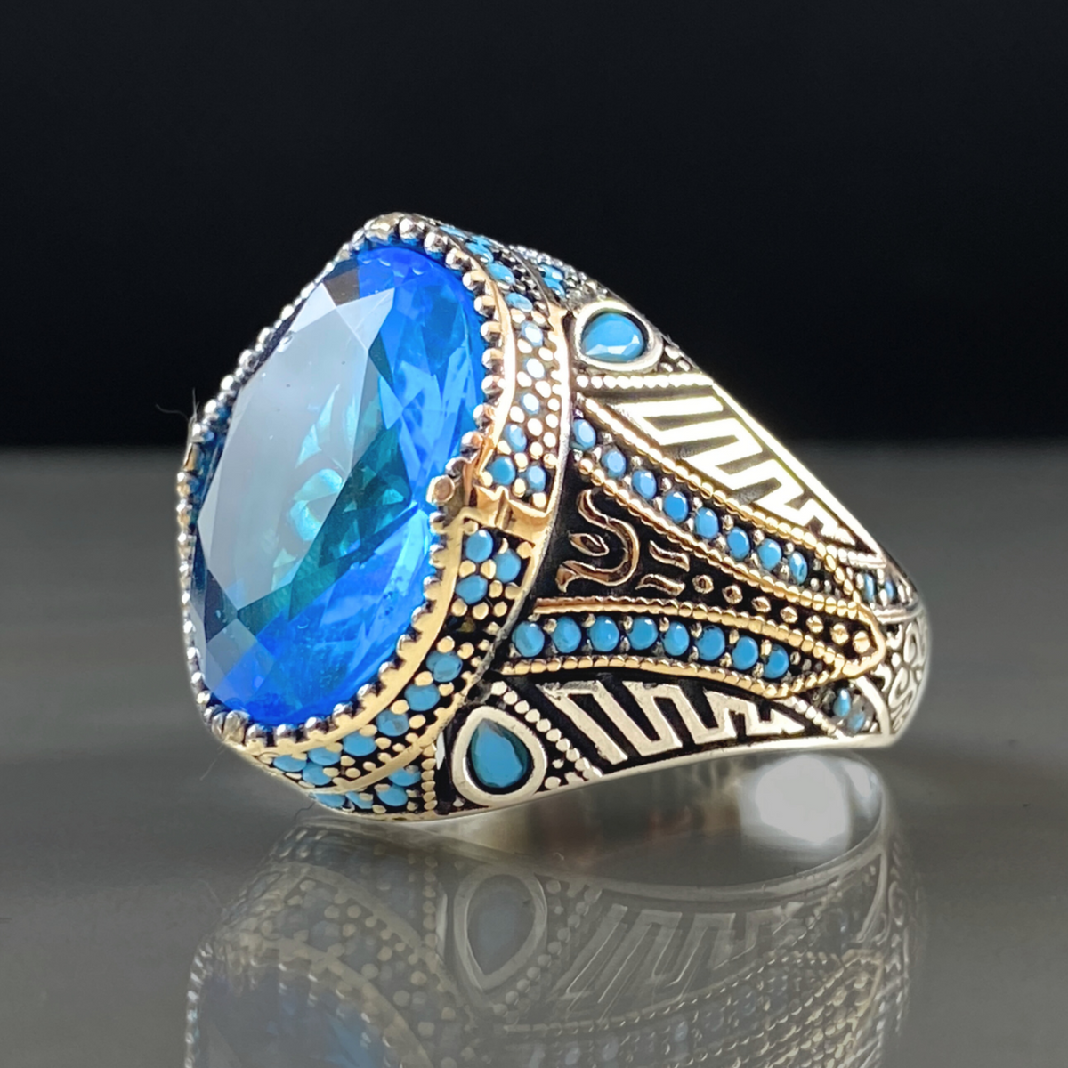 Oval Blue Aquamarine Stone 925 Silver Men Ring