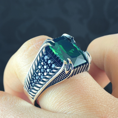 Men Handmade Green Emerald Stone 925 Sterling Silver Ring