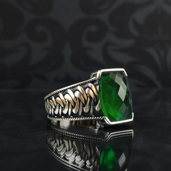 Turkish Handmade Emerald Stone Green Color 925 Silver Men Ring