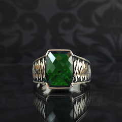 Turkish Handmade Emerald Stone Green Color 925 Silver Men Ring