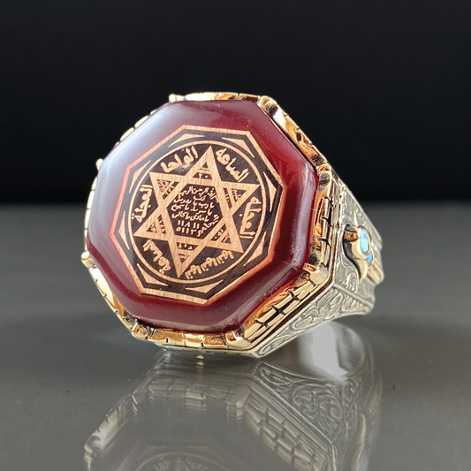 Red Agate Seal Of Solomon 925 Solid Silver Men Vintage Handmade Ring