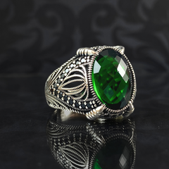 Green Emerald Stone 925 Solid Silver Men Ring