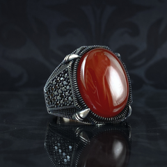 Agate Gemstone Red Color 925 Sterling Silver Men Handmade Ring