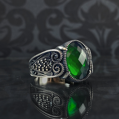 Green Emerald Stone 925 Sterling Silver Men Handmade Ring