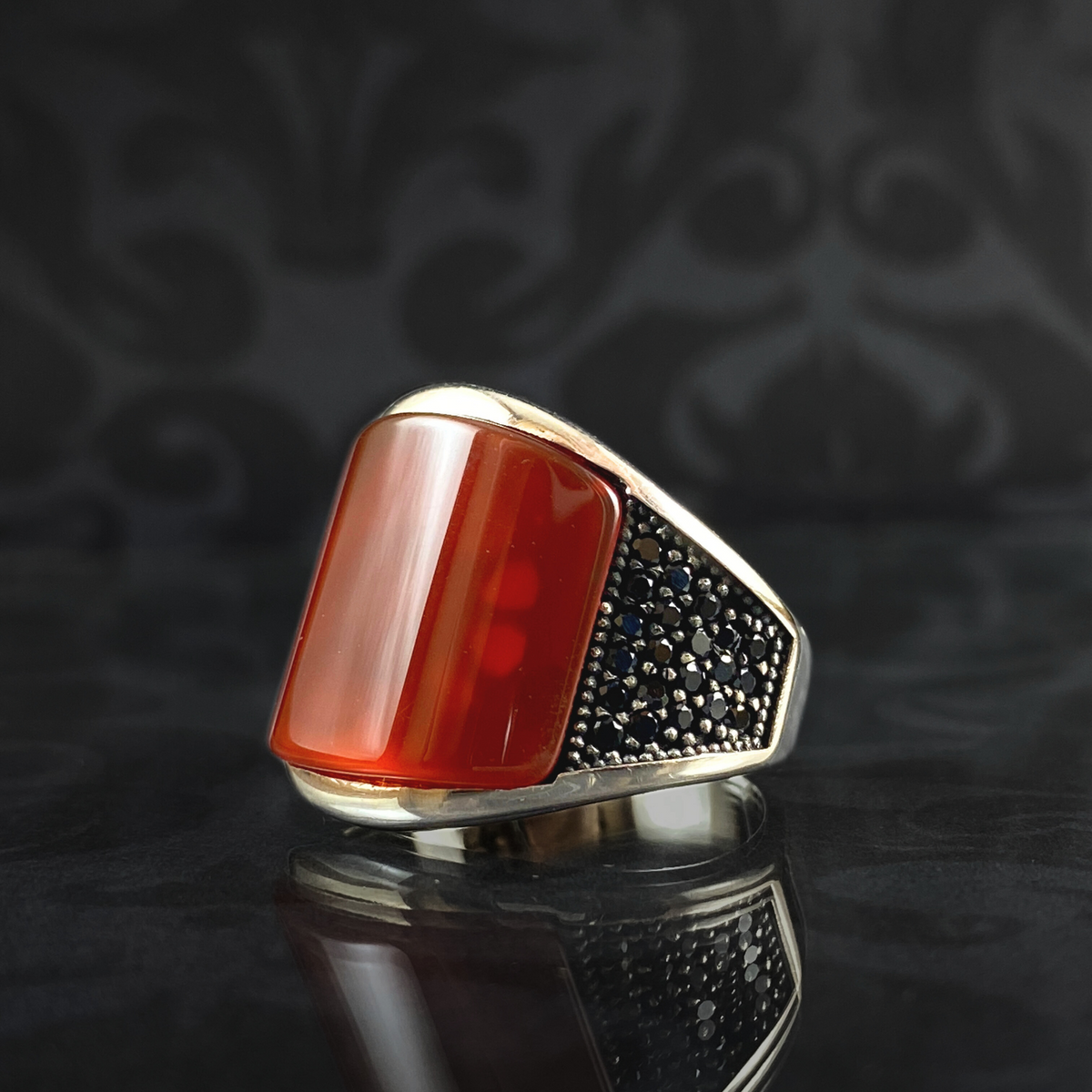 Men Handmade 925 Silver Agate Stone Ring