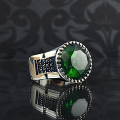 Round Emerald Gemstone 925 Sterling Silver Ring