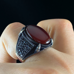 Agate Gemstone Red Color 925 Sterling Silver Men Handmade Ring