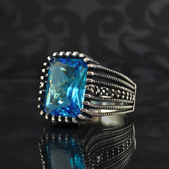 Aquamarine Blue Stone 925 Sterling Silver Men Handmade Ring