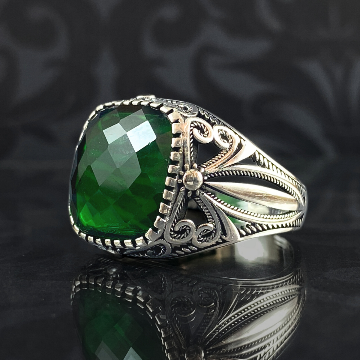 Green Emerald Stone 925 Sterling Silver Men Handmade Ring