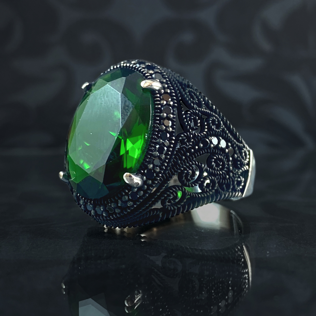 Green Emerald Stone 925 Sterling Silver Men Handmade Ring