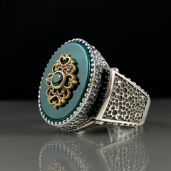 Classic Turkish Handmade Green Agate Stone 925 Sterling Silver Men Ring