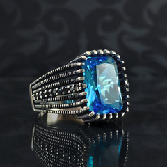 Aquamarine Blue Stone 925 Sterling Silver Men Handmade Ring