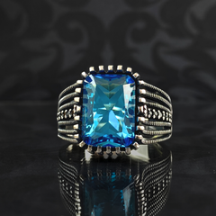 Aquamarine Blue Stone 925 Sterling Silver Men Handmade Ring