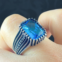 Aquamarine Blue Stone 925 Sterling Silver Men Handmade Ring