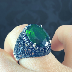 Green Emerald Stone 925 Sterling Silver Men Handmade Ring