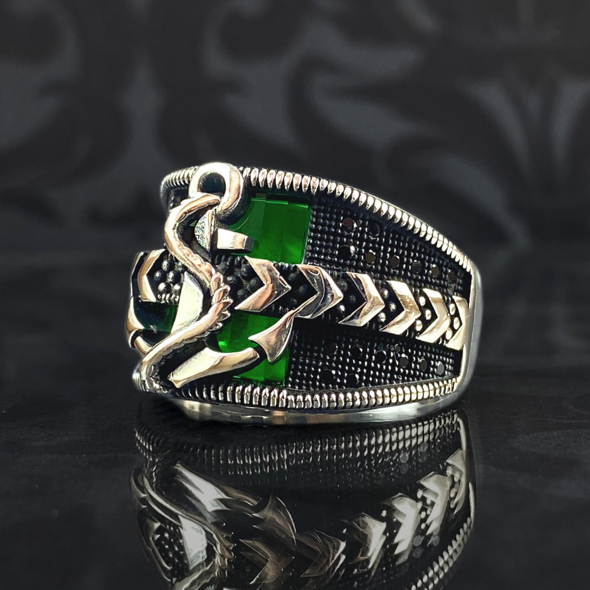 Anchor Green Emerald Stone 925 Sterling Silver Men Ring