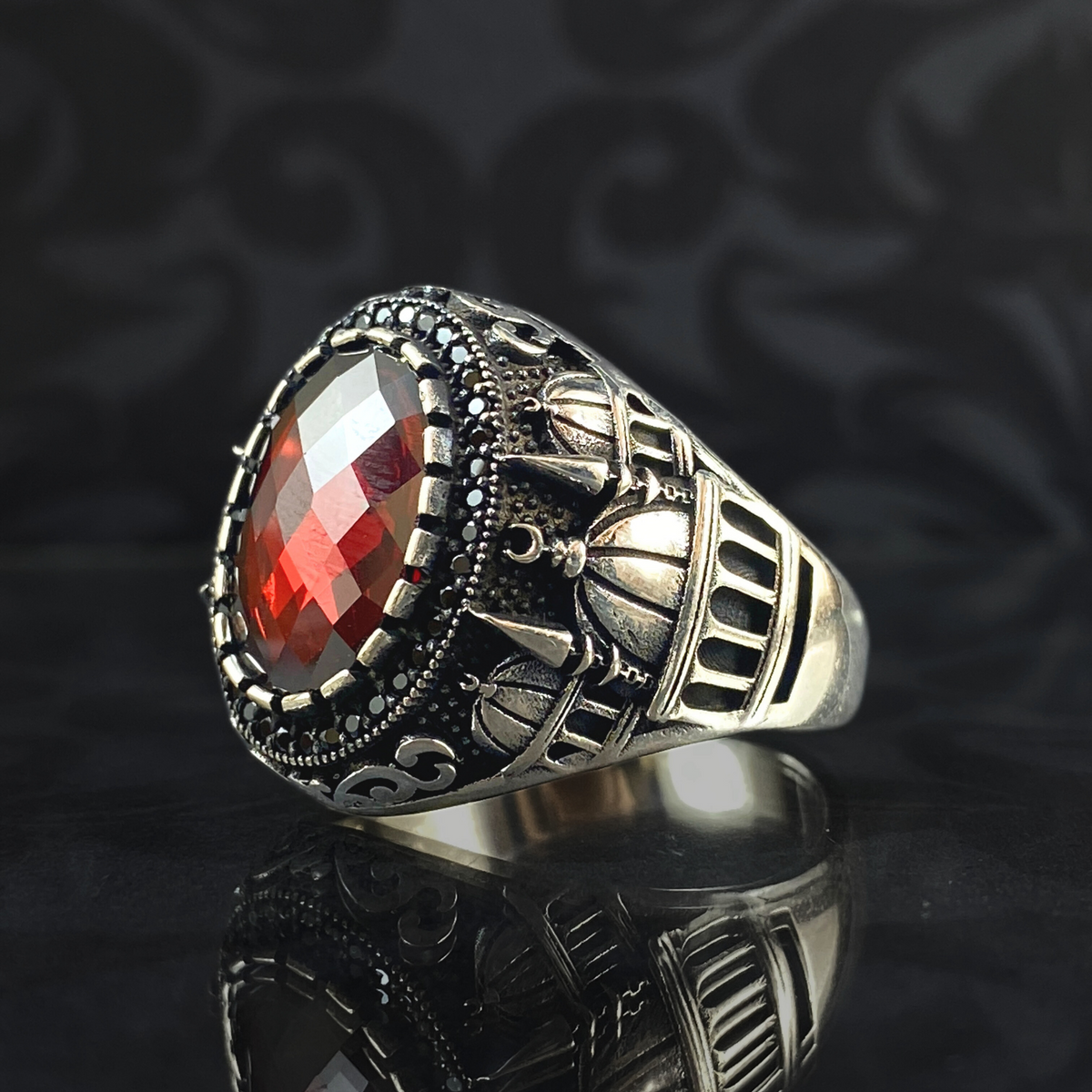 Red Ruby Mosque 925 Sterling Silver Men Handmade Ring