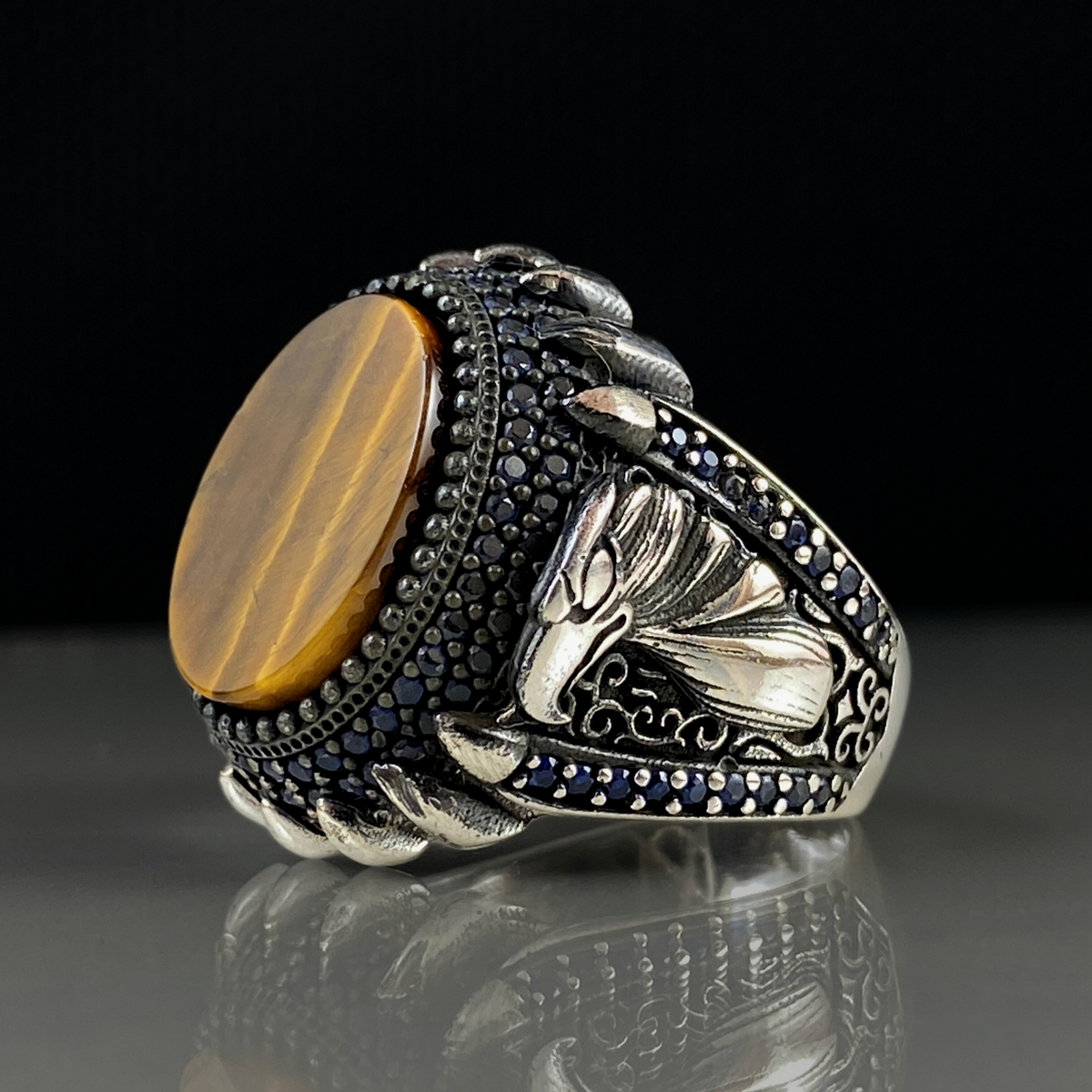 Brown Eagle Head Tiger Eye Gemstone 925 Sterling Silver Men Ring