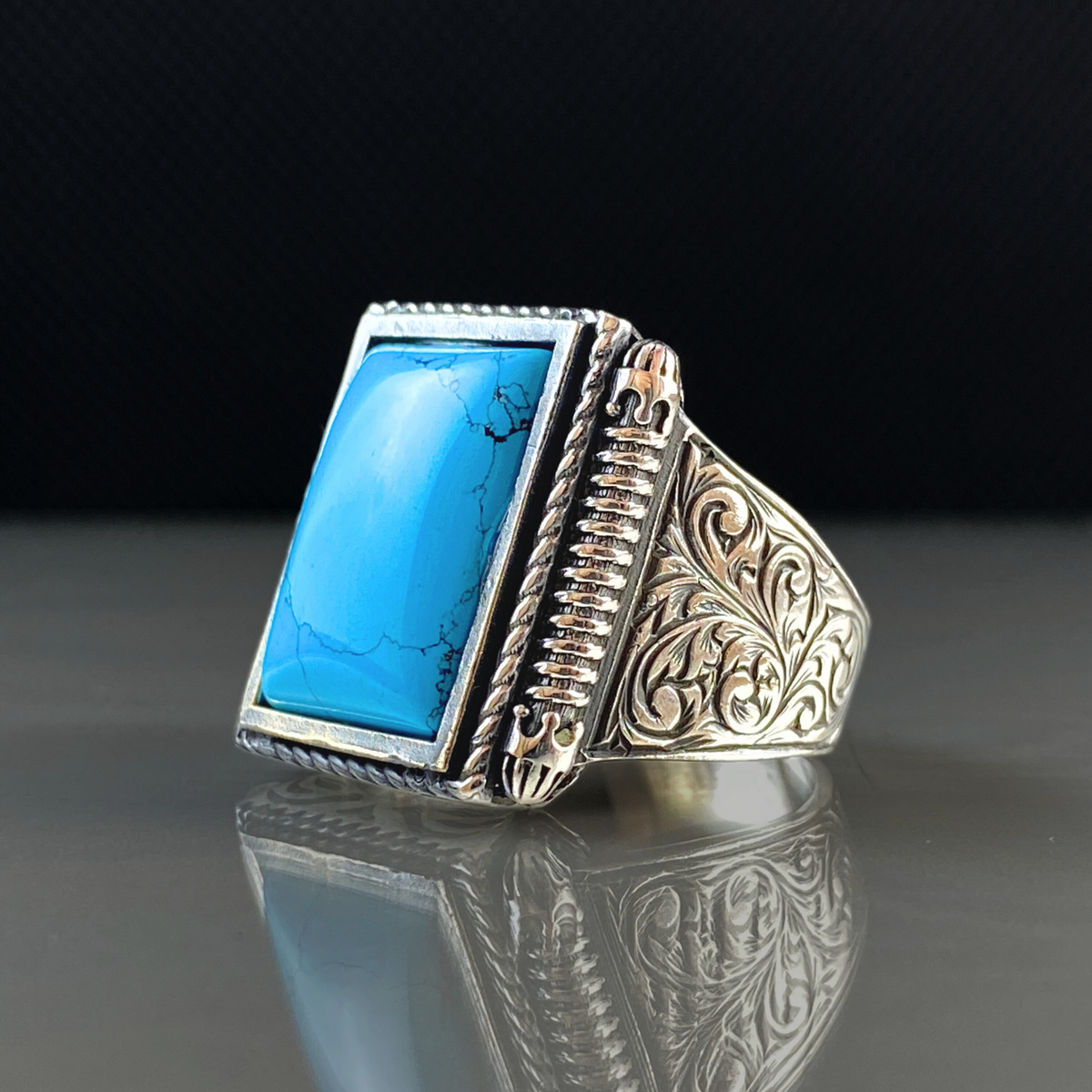 Hand Engraved Turquoise Stone 925 Sterling Silver Handmade Ring