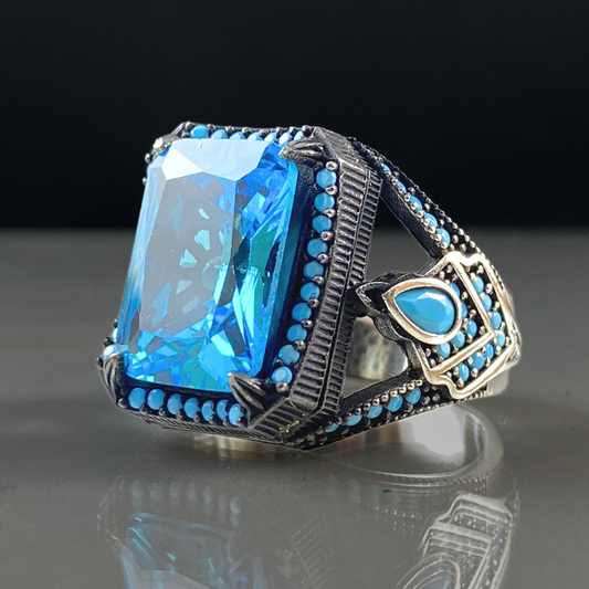 Classic Blue Stone 925 Sterling Silver Aquamarine Men Ring