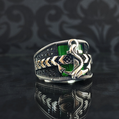 Anchor Green Emerald Stone 925 Sterling Silver Men Ring