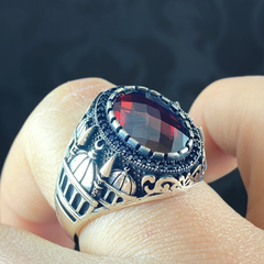 Red Ruby Mosque 925 Sterling Silver Men Handmade Ring