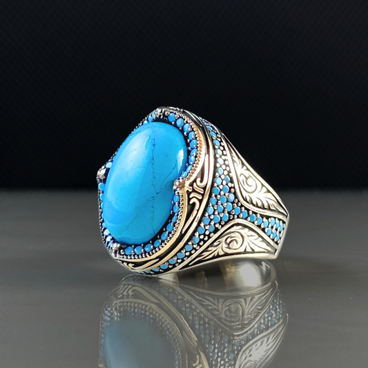 Oval Turquoise Stone 925 Sterling Silver Men Ring