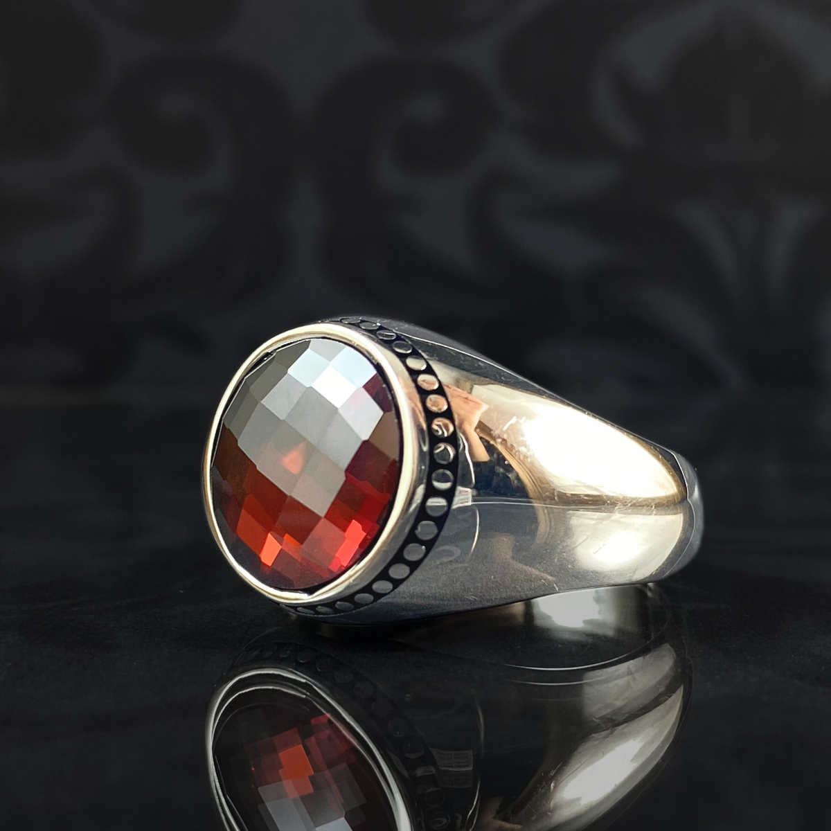 Round Red Ruby Stone 925 Sterling Silver Men Handmade Ring