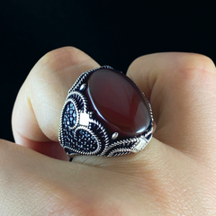 Red Agate Stone 925 Solid Silver Men Ring