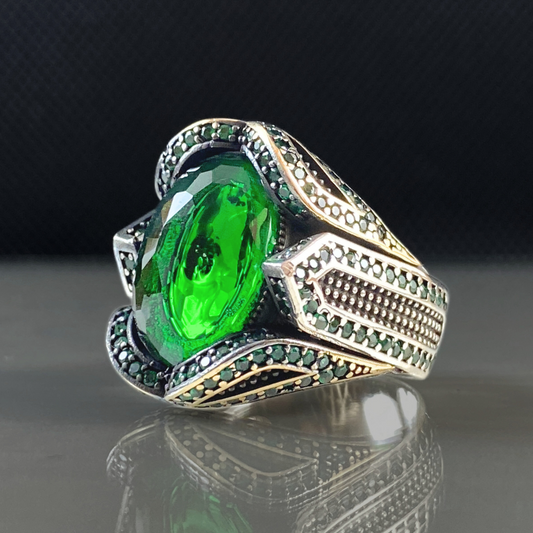 Emerald Gemstone 925 Solid Silver Men Ring