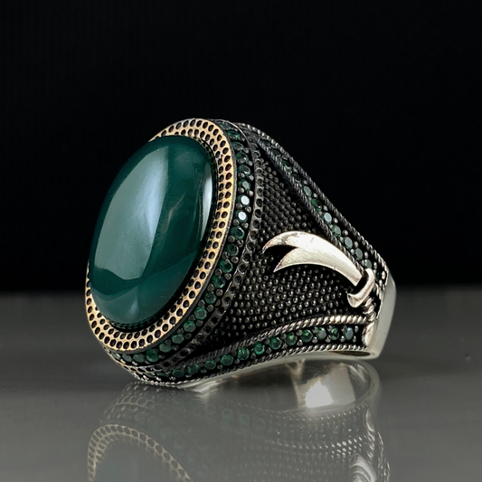 Zulfigar Sword 925 Sterling Silver Green Agate Stone Men Ring