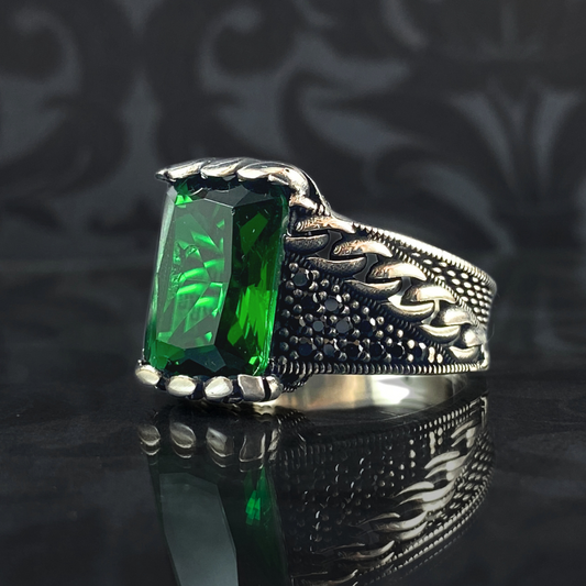 Green Emerald Gemstone 925 Solid Silver Men Turkish Ring