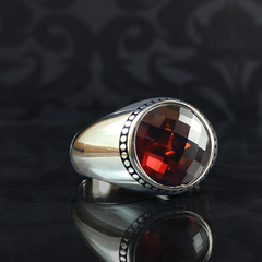 Round Red Ruby Stone 925 Sterling Silver Men Handmade Ring