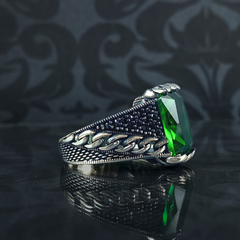 Green Emerald Gemstone 925 Solid Silver Men Turkish Ring