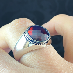 Round Red Ruby Stone 925 Sterling Silver Men Handmade Ring