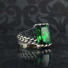 Green Emerald Gemstone 925 Solid Silver Men Turkish Ring