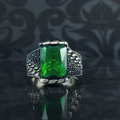 Green Emerald Gemstone 925 Solid Silver Men Turkish Ring