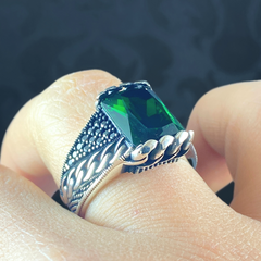 Green Emerald Gemstone 925 Solid Silver Men Turkish Ring