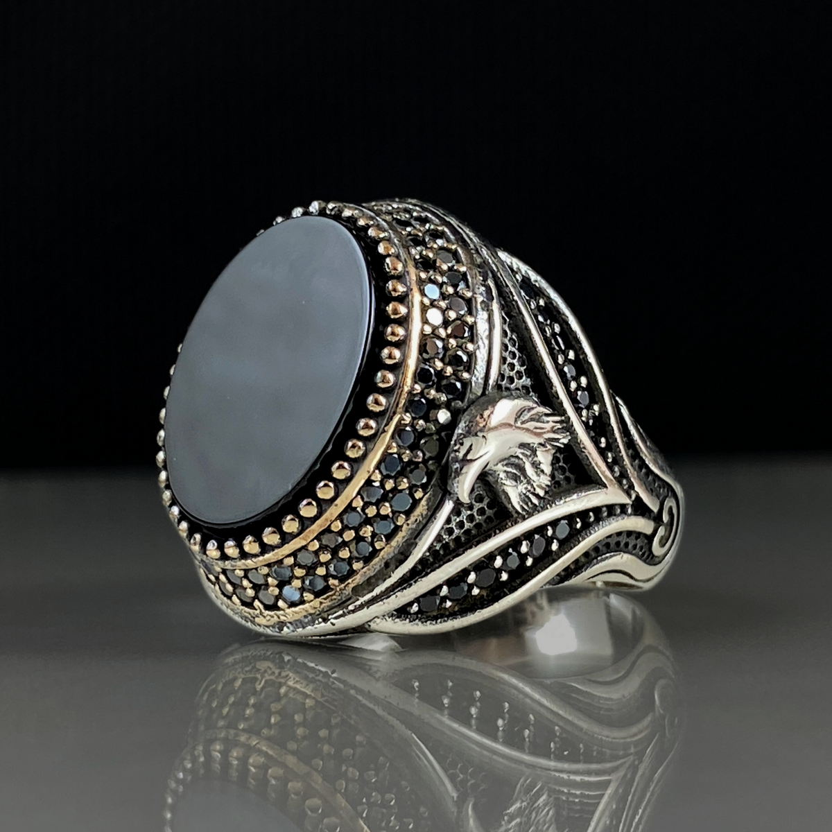 Classic Animal Eagle 925 Sterling Silver Onyx Stone Ring