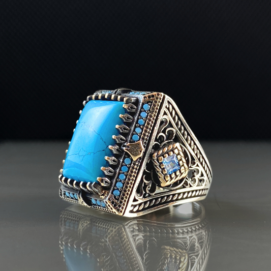 Turquoise Blue Color Large 925 Solid Silver Handmade Men Ring