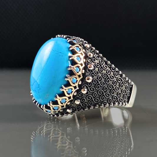 Blue Turquoise Gemstone 925 Solid Silver Men Handmade Ring