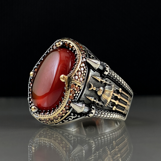 Red Mosque Agate Gemstone 925 Sterling Silver Men Handmade Muslim Islamic Ring