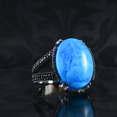 Blue Turquoise Stone 925 Sterling Silver Men Ring