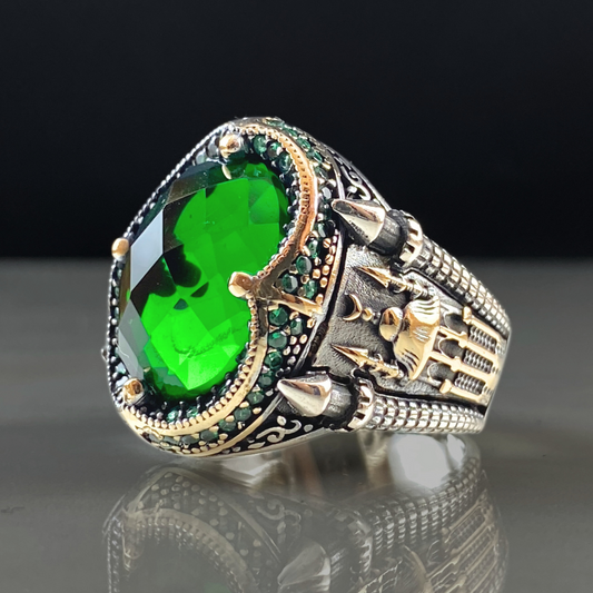 Green Mosque Islamic 925 Silver Emerald Ring