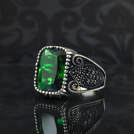 Green Emerald Stone 925 Sterling Silver Men Turkish Ring