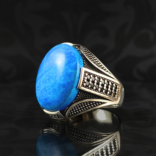 Oval Blue Turquoise Stone 925 Sterling Silver Men Handmade Ring