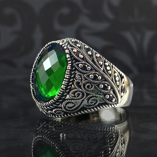 Handmade Men Green Emerald Stone Classic 925 Silver Ring